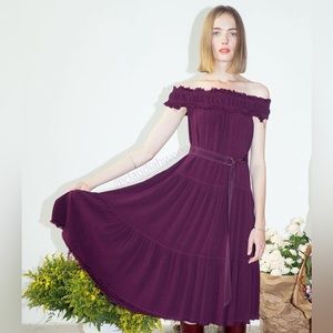 RAQUEL ALLEGRA Off Shoulder Shirred Tiered Midi Dress in Plum